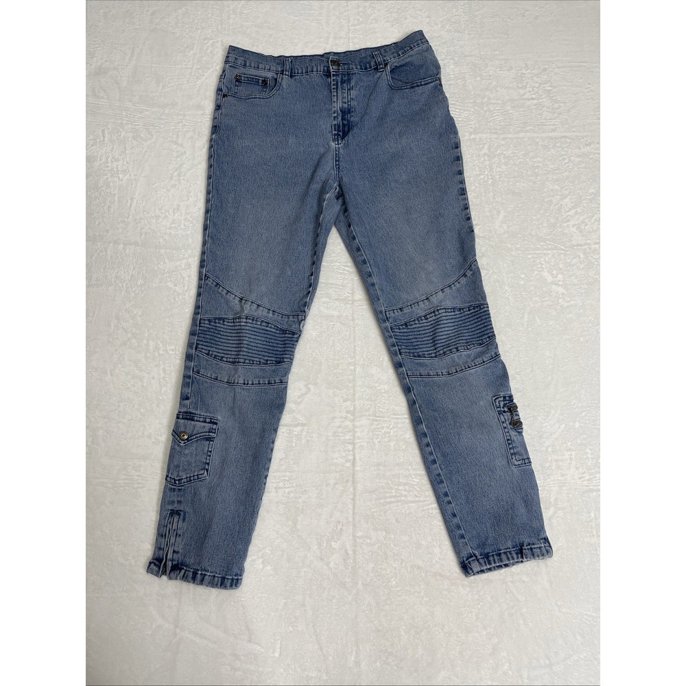 Diane Gilman Moto Cargo Jeans Women's Ribbed Knee Size 12 Tapered Leg Vtg Flaws